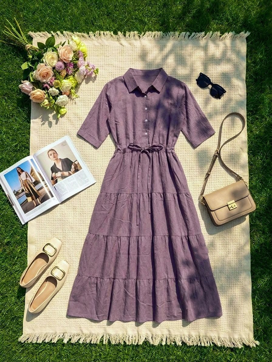 Tiered Shirt Dress with Cinched Drawstring Waist